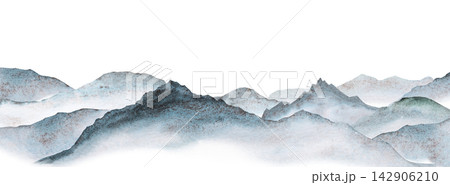 Watercolor illustration of panoramic view of the blue mountains, party design and winter wedding Watercolor illustration of panoramic view of the blue mountains, party design and winter wedding 142906210