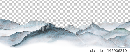Watercolor illustration of panoramic view of the blue mountains, party design and winter wedding Watercolor illustration of panoramic view of the blue mountains, party design and winter wedding 142906210