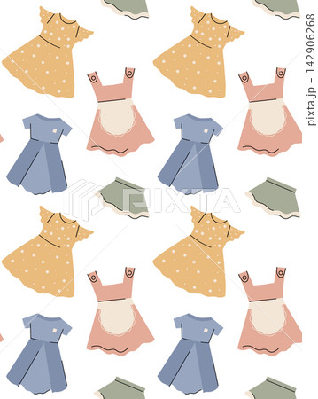 Seamless vector pattern with girls dresses and skirts in pastel colors on a white background. Trendy feminine texture with clothing 142906268