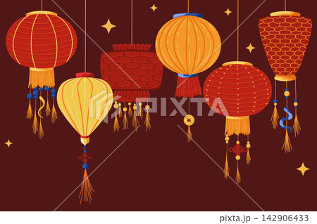 Chinese new year. Vector horizontal background. Festive gift card, banner, poster  template with hand drawn lanterns. Holiday banners, web poster, flyers and brochures, greeting cards, bright covers 142906433