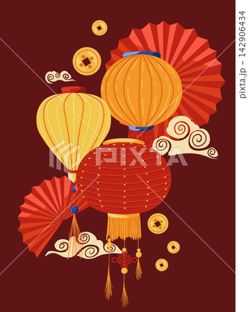 Chinese new year. Vector vertical background. Festive gift card, banner, poster  template with hand drawn lanterns. Holiday illustration for web poster, flyers and brochures, greeting cards 142906434