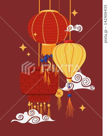 Chinese new year. Vector vertical background. Festive gift card, banner, poster  template with hand drawn lanterns. Holiday illustration for web poster, flyers and brochures, greeting cards 142906435