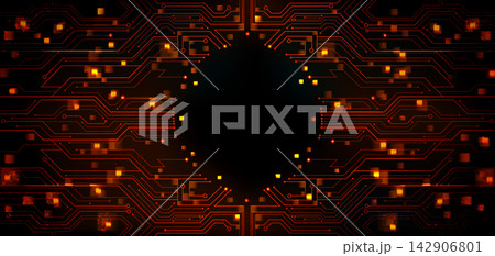 Orange circuit board background with glowing lines 142906801