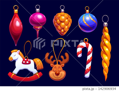 Cartoon Christmas tree ball decoration. Vector festive hanging ornaments, shiny baubles, pinecone, rocking horse, reindeer head, candy cane and twisted icicle. Holiday toys for winter New Year decor 142906934