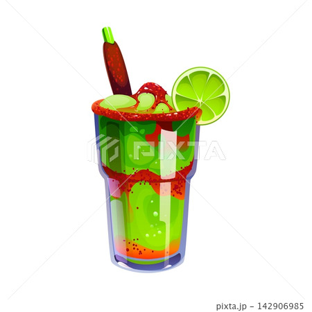Cartoon Mexican Chamoyada dessert drink icon featuring tall glass filled with green lime sorbet, red Chamoy sauce swirls, tajin powder and tamarind candy straw stick. Vibrant drink for Mexican menu Cartoon Mexican Chamoyada dessert drink icon featuring tall glass filled with green lime sorbet, red Chamoy sauce swirls, tajin powder and tamarind candy straw stick. Vibrant drink for Mexican menu 142906985