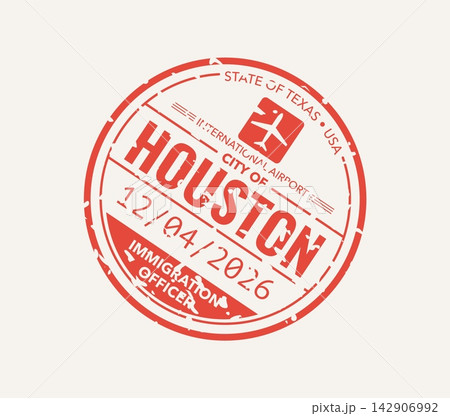 Us Houston travel passport ink stamp, USA airport arrival, American city trip vacation visa label. Vector immigration distressed mark with State of Texas lettering, airplane symbol and departure date Us Houston travel passport ink stamp, USA airport arrival, American city trip vacation visa label. Vector immigration distressed mark with State of Texas lettering, airplane symbol and departure date 142906992