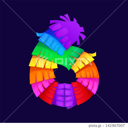 Cartoon pinata font, Mexican holiday number 6 typeface. Red, blue, orange and purple layered paper fringe shaped as festival English alphabet. Vector ABC for Mexican fiesta party invitations 142907007