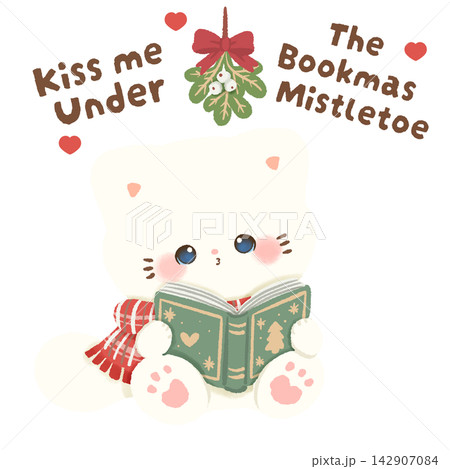 Cute White Cat Reading a Christmas Book Under Mistletoe Kiss Me Under the Bookmas Mistletoe Kawaii Romantic Holiday Clipart Illustration Cute White Cat Reading a Christmas Book Under Mistletoe Kiss Me Under the Bookmas Mistletoe Kawaii Romantic Holiday Clipart Illustration 142907084