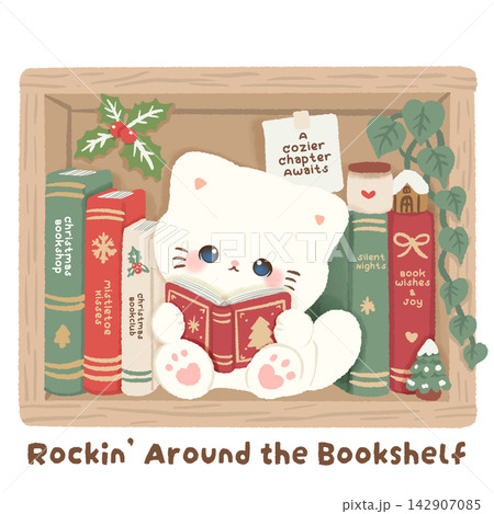 Cute White Cat Reading Inside a Cozy Christmas Bookshelf Rockin Around the Bookshelf Kawaii Bookish Holiday Clipart Illustration Cute White Cat Reading Inside a Cozy Christmas Bookshelf Rockin Around the Bookshelf Kawaii Bookish Holiday Clipart Illustration 142907085