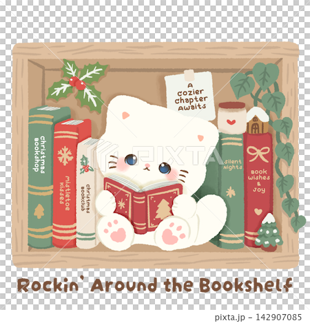 Cute White Cat Reading Inside a Cozy Christmas Bookshelf Rockin Around the Bookshelf Kawaii Bookish Holiday Clipart Illustration Cute White Cat Reading Inside a Cozy Christmas Bookshelf Rockin Around the Bookshelf Kawaii Bookish Holiday Clipart Illustration 142907085