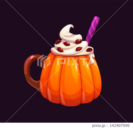 Halloween pumpkin mug with hot chocolate drink for cartoon sweet dessert and scary holiday candy. Halloween pumpkin cup of coffee or cocoa beverage with cream or spice latte tea beverage icon Halloween pumpkin mug with hot chocolate drink for cartoon sweet dessert and scary holiday candy. Halloween pumpkin cup of coffee or cocoa beverage with cream or spice latte tea beverage icon 142907090