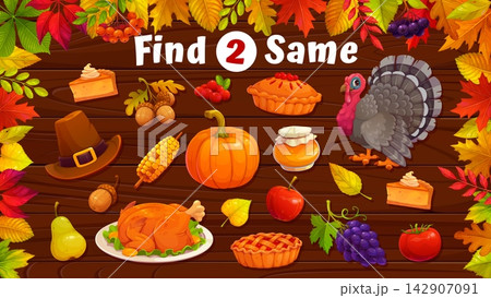 Find two same Thanksgiving holiday objects, kids game worksheet and puzzle quiz. Find 2 same Thanksgiving pumpkins and turkey with apple pie and pilgrim hat, autumn maple leaf and honey or grapes Find two same Thanksgiving holiday objects, kids game worksheet and puzzle quiz. Find 2 same Thanksgiving pumpkins and turkey with apple pie and pilgrim hat, autumn maple leaf and honey or grapes 142907091