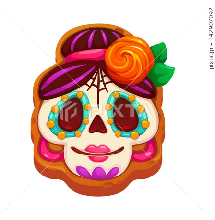 Cartoon Dead Day holiday cookie with woman skull and flower decoration. Vector cartoon female skull cookie decorated with cobweb, earrings, and marigold flower. Traditional latin sweet dessert 142907092