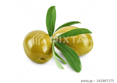 Green olives with leaves isolated on a white background with full depth of field 142907175