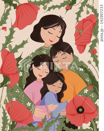 Mother with her children are embracing. Woman, daughters and son vector cute illustration for greeting card, poster, print with floral composition. Happy Mother's Day or Women's Day concept Mother with her children are embracing. Woman, daughters and son vector cute illustration for greeting card, poster, print with floral composition. Happy Mother's Day or Women's Day concept 142907233