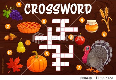 Autumn and Thanksgiving crossword quiz grid surrounded by numbered icons of turkey, pumpkin, pie, honey jar and maple leaf. Cartoon fall word puzzle for kids worksheets or holiday activity books Autumn and Thanksgiving crossword quiz grid surrounded by numbered icons of turkey, pumpkin, pie, honey jar and maple leaf. Cartoon fall word puzzle for kids worksheets or holiday activity books 142907428