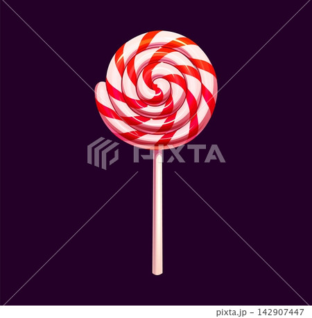 Cartoon Christmas red and white swirl lollipop candy icon. Sweet peppermint hard candy for holiday greeting cards, festive party invitations, sweet shop banners and winter seasonal decorations 142907447