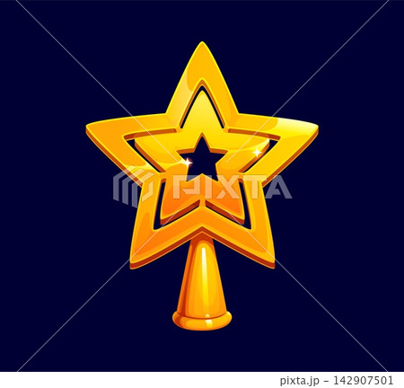 Cartoon golden Christmas tree topper star. Shiny holiday decoration icon with central star cut out, glossy highlights and bright sparkles. Festive Xmas icon for holiday greeting cards and game decor Cartoon golden Christmas tree topper star. Shiny holiday decoration icon with central star cut out, glossy highlights and bright sparkles. Festive Xmas icon for holiday greeting cards and game decor 142907501