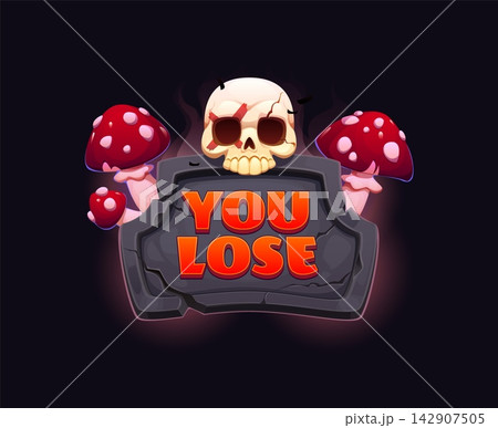Cartoon Halloween you lose icon features stone tablet, cracked skull, red mushrooms and drifting smoke. Halloween arcade game fail badge for mobile app screens and slot game defeat windows 142907505