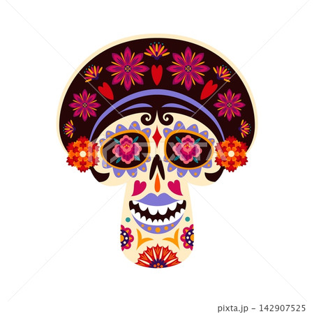 Cartoon Mexican sugar skull with flower patterned eyes, dark hair adorned with pink blooms, red hearts and orange marigold earrings. Dia de los Muertos calavera skull icon for festival invitations Cartoon Mexican sugar skull with flower patterned eyes, dark hair adorned with pink blooms, red hearts and orange marigold earrings. Dia de los Muertos calavera skull icon for festival invitations 142907525