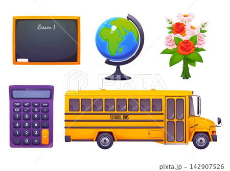 Cartoon education supply icons and school stationery isolated objects or study items. School bus and chalkboard with math calculator and geography lesson globe and teacher flowers for school supplies Cartoon education supply icons and school stationery isolated objects or study items. School bus and chalkboard with math calculator and geography lesson globe and teacher flowers for school supplies 142907526