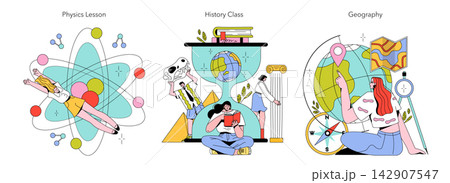 Students study physics history and geography with atom symbols books globe map compass and ancient objects in an educational set for school subjects and classroom learning vector illustration 142907547
