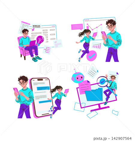 Digital workflow set with people using smartphone laptop and tablet for messaging coding analytics and document review, with charts chatbot and files, vector illustration Digital workflow set with people using smartphone laptop and tablet for messaging coding analytics and document review, with charts chatbot and files, vector illustration 142907564