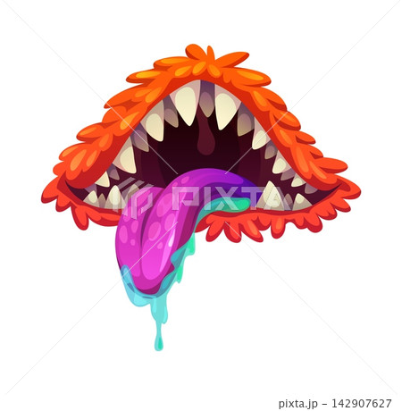 Cartoon monster mouth with orange shaggy lips, pink and purple tongue and open jaw. Halloween zombie character icon with blue crazy dripping saliva and sharp vampire fangs. Vector evil character 142907627