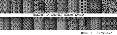 Geometric floral set of seamless patterns. Gray and black vector backgrounds. Damask graphic ornaments Geometric floral set of seamless patterns. Gray and black vector backgrounds. Damask graphic ornaments 142908371