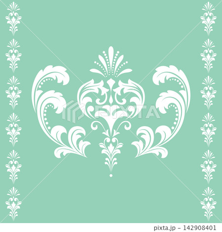 Damask graphic ornament. Floral design element. Green and white vector pattern 142908401