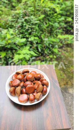 秋の味覚 緑を背景に皿に盛られた採れたての栗 秋の味覚 緑を背景に皿に盛られた採れたての栗 142908637