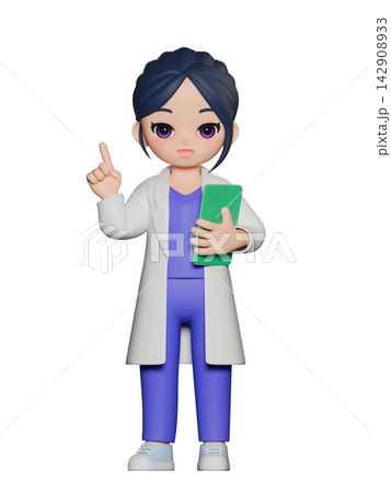 3D CG｜ワンポイントアドバイスを行う白衣を着た黒髪の若い女性 142908933