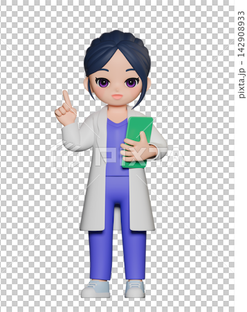 3D CG｜ワンポイントアドバイスを行う白衣を着た黒髪の若い女性 142908933