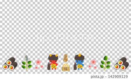 節分(撒豆節):紅藍鬼、撒豆和惠方卷(吉利方向壽司卷)邊框 - 向量圖 節分(撒豆節):紅藍鬼、撒豆和惠方卷(吉利方向壽司卷)邊框 - 向量圖 142909129