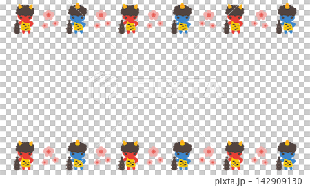 Setsubun (Bean-Throwing Festival): Horizontal line frame with red and blue demons and plum blossoms - Vector illustration Setsubun (Bean-Throwing Festival): Horizontal line frame with red and blue demons and plum blossoms - Vector illustration 142909130