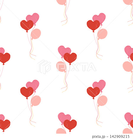 Heart shape balloon hand drawn seamless vector pattern. Colorful balloons on a white background. Design concept for birthday party, Valentine's Day, celebration, kids textile print, wallpaper 142909215
