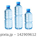 Three plastic bottles holding fresh drinking water 142909612