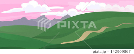Background sky grass and green nature watercolour with field watercolor summer. Illustration vietnam parallax and outdoor wallpaper lawn with mountain rice landscape. Japanese farm scenery. 142909867