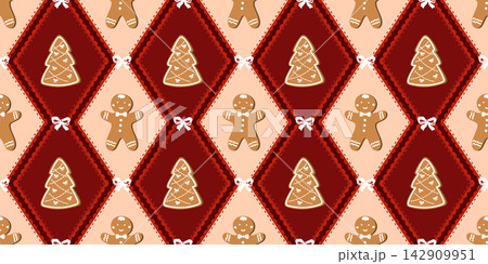 Gingham vintage christmas with ginger gingerbread candy and seamless pattern diamond. Preppy textile trellis with grid ribbon modern and festive merry argyle. Line bg year with bow decoration. 142909951