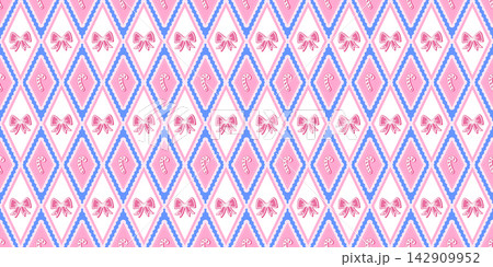 Christmas diamond pattern with pink ginger gingerbread and candy vintage seamless. Gingham red checkered with preppy ethnic merry and rhombus retro winter. Vector ribbon texture with stripe grid. 142909952