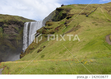 Skogafoss waterfall beside a grassy hillside and visitor staircase in Iceland 142910677