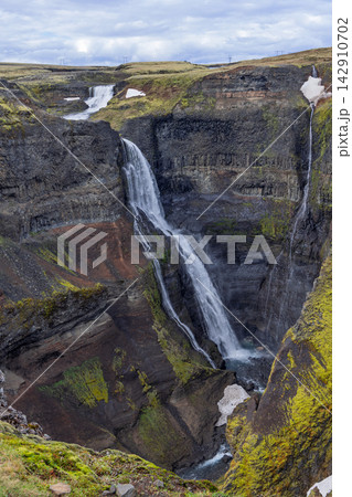 Granni waterfall on the Fossa River in a layered canyon in Thjorsardalur, Iceland 142910702