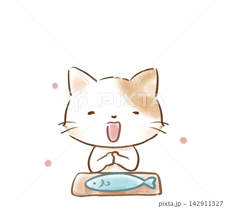 魚を前にいただきますをする猫のイラスト 142911327