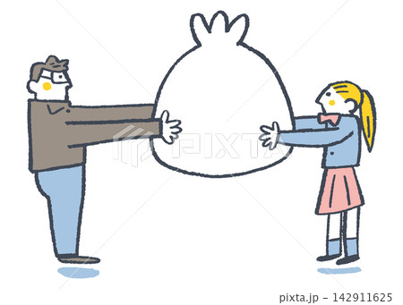 大きな巾着を親子で受け渡す 権利の譲渡をイメージしたイラスト 142911625