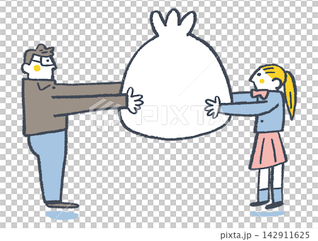 大きな巾着を親子で受け渡す 権利の譲渡をイメージしたイラスト 142911625