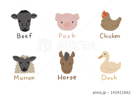 牛・豚・鶏・羊・馬・鴨の食肉アイコンセット　icon 142911662