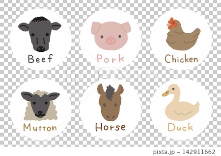 牛・豚・鶏・羊・馬・鴨の食肉アイコンセット　icon 142911662