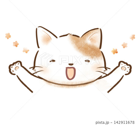 嬉しくてバンザイしている猫の手描きイラスト 142911678