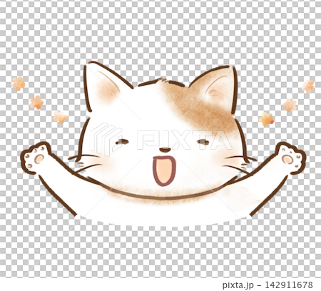 嬉しくてバンザイしている猫の手描きイラスト 142911678