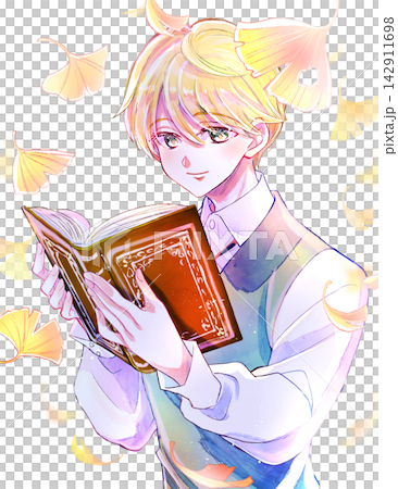 一個氣質高貴的男孩正在讀書;面帶微笑;金髮碧眼;一本大書;背光;銀杏。 一個氣質高貴的男孩正在讀書;面帶微笑;金髮碧眼;一本大書;背光;銀杏。 142911698